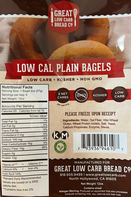 Great Low Carb 65 Calorie Plain Bagels 6 Bags  (Saves $1.00 per bag!)