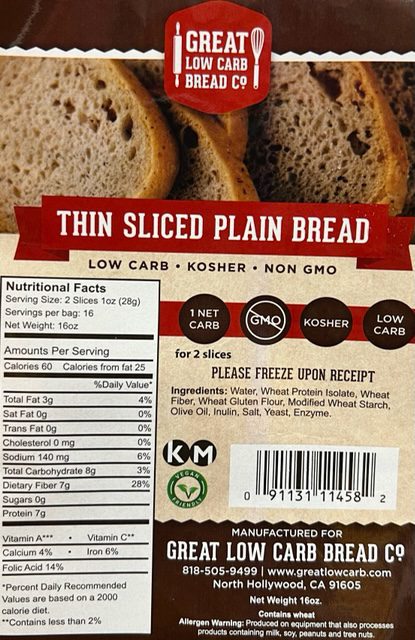 Great Low Carb Thin Sliced Plain Bread